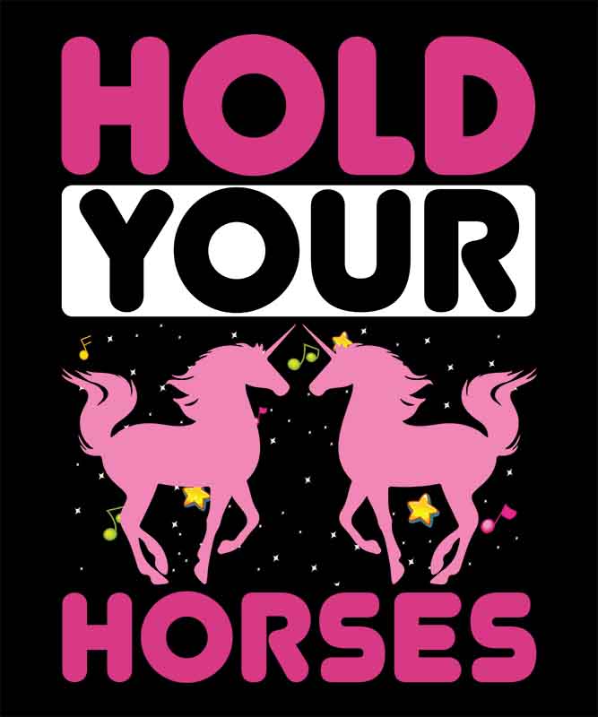 Grafika na koszulkę "Hold Your Horses" – różowe jednorożce i muzyczne akcenty