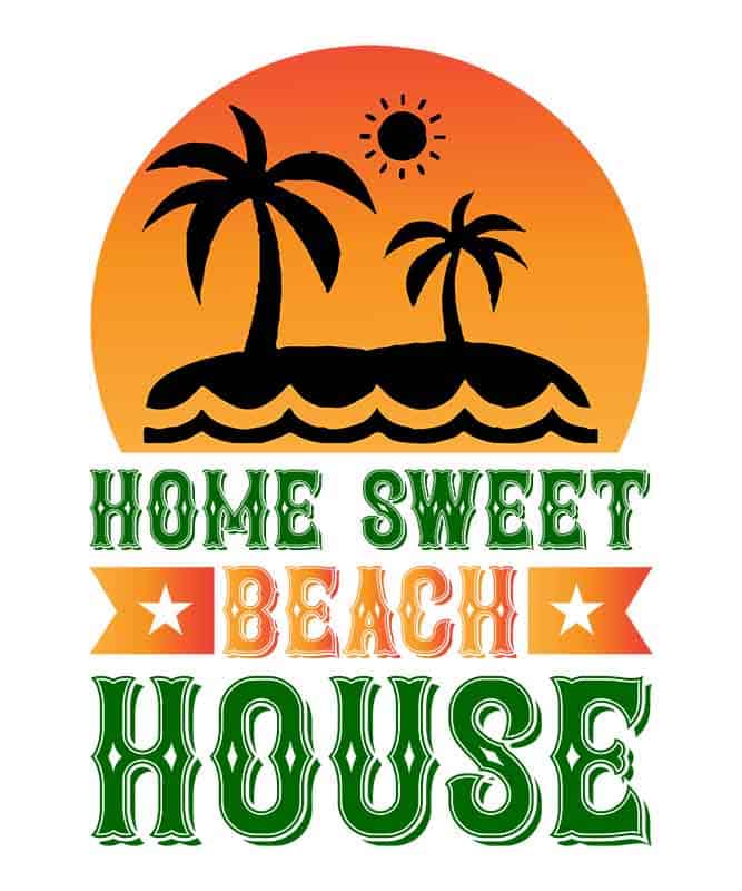 Grafika na koszulkę "Home Sweet Beach House" – palmy na tropikalnej plaży