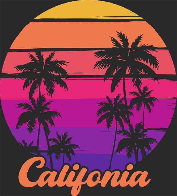 Grafika na koszulkę - California, palmy, zachód słońca, retro