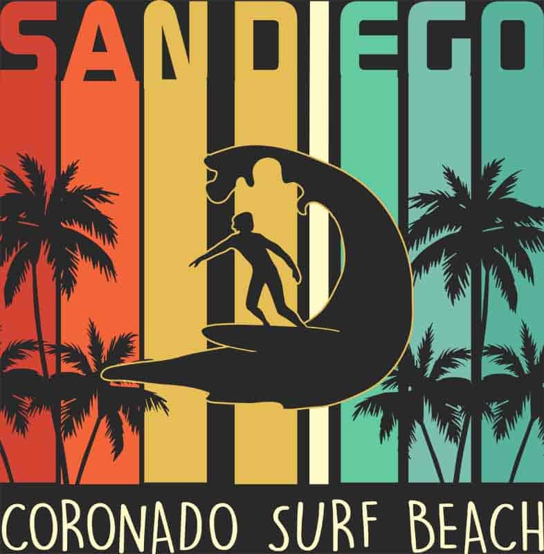 Grafika na koszulkę - San Diego Coronado Surf Beach, surfing, retro, palmy