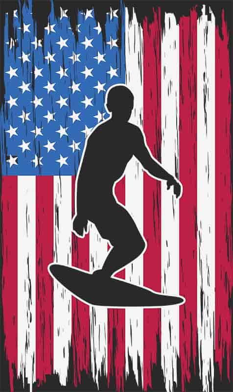 Grafika na koszulkę - Surfer na tle flagi USA, patriotyczny design, surfing