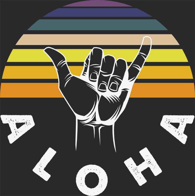 Grafika na koszulkę - Aloha, znak shaka, kolorowe paski, retro styl