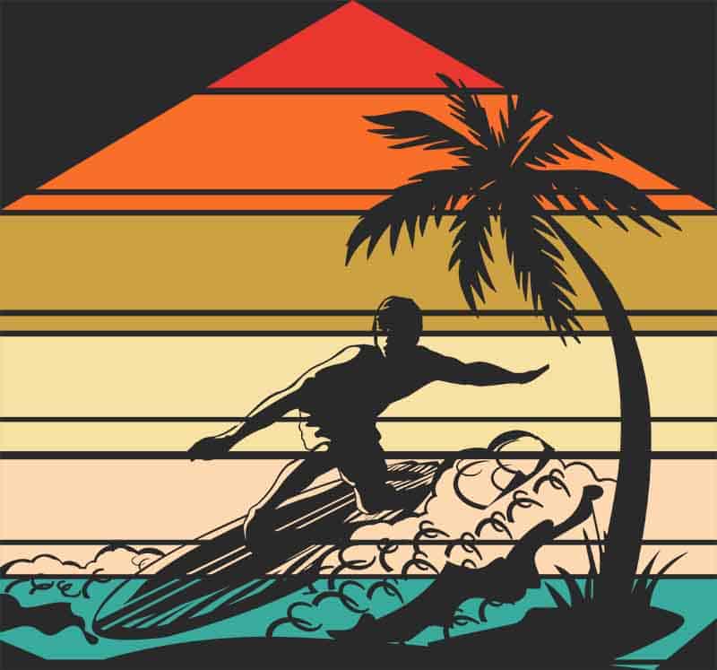 Grafika na koszulkę - Surfer na fali, palmy, zachód słońca, retro styl