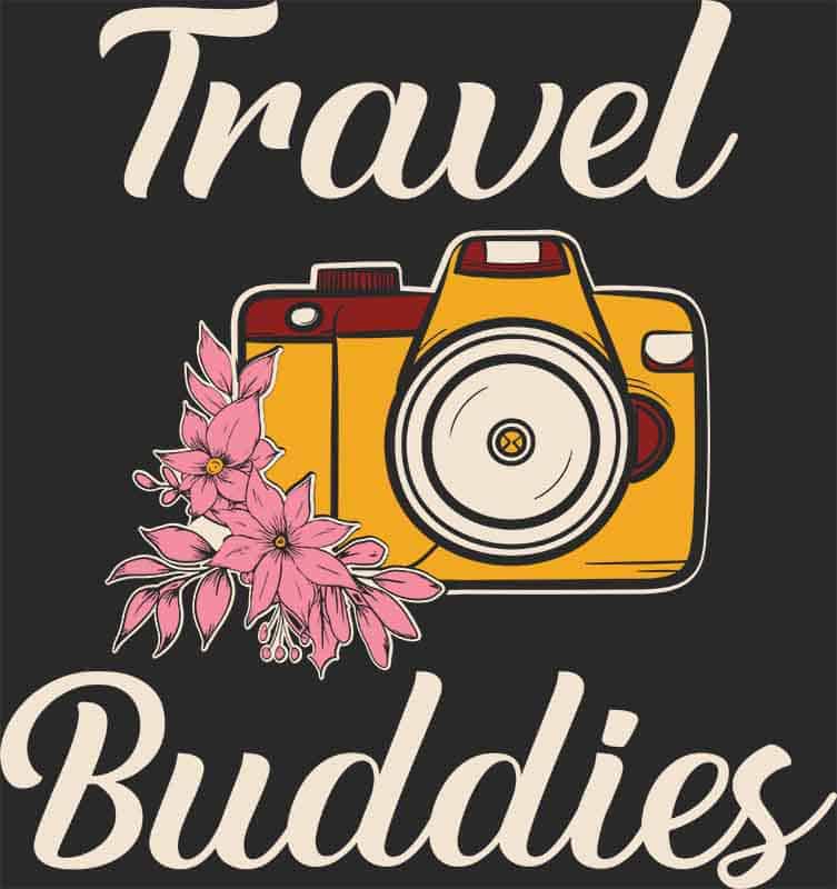 Grafika na koszulkę - Travel Buddies, aparat fotograficzny, kwiaty, podróże