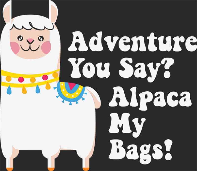 Grafika na koszulkę - Adventure You Say? Alpaca My Bags!, zabawna alpaka, podróże