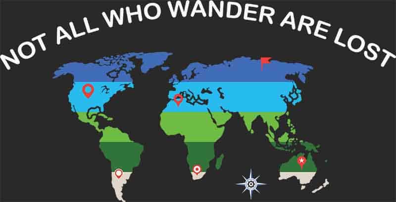 Grafika na koszulkę - Not All Who Wander Are Lost, mapa świata, podróże