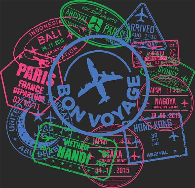 Grafika na koszulkę - Bon Voyage, pieczątki paszportowe, podróże