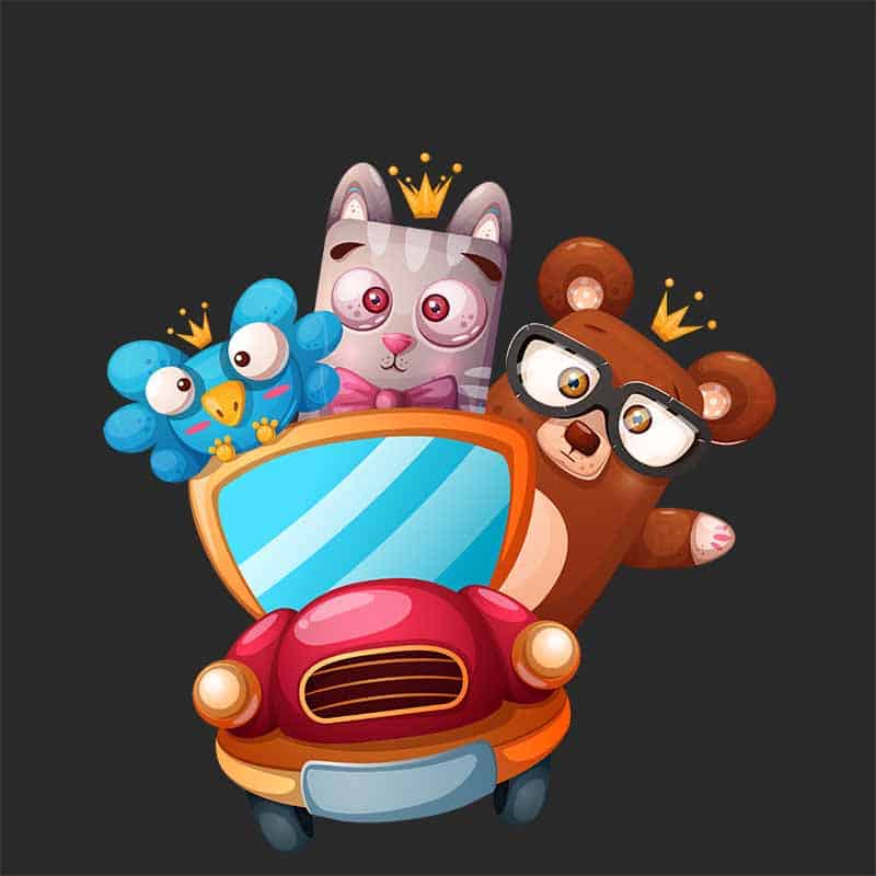 Zabawna grafika na koszulkę „Królewskie Zwierzaki w Samochodzie” – Dla dzieci i miłośników uroczego designu