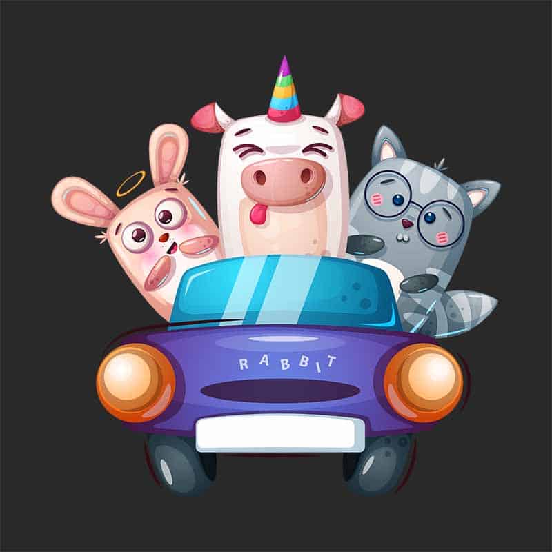 Zabawna grafika na koszulkę „Fantazyjne Zwierzaki w Samochodzie” – Idealna dla dzieci i fanów uroczego stylu