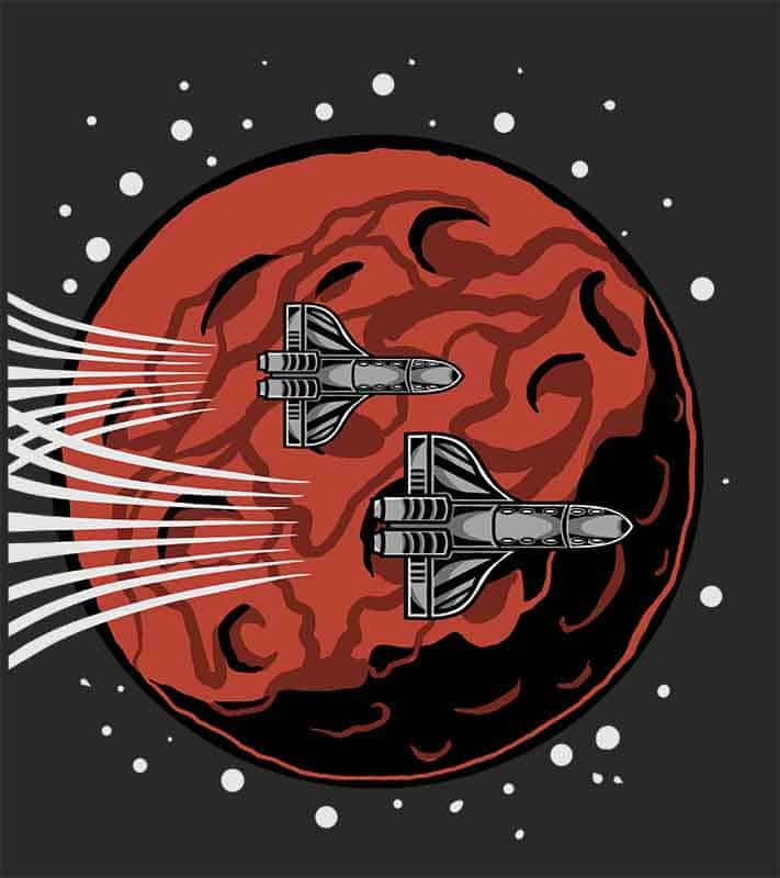 Grafika na koszulkę „Kosmiczne Statki na Czerwonej Planecie” – Styl Sci-Fi dla miłośników kosmosu