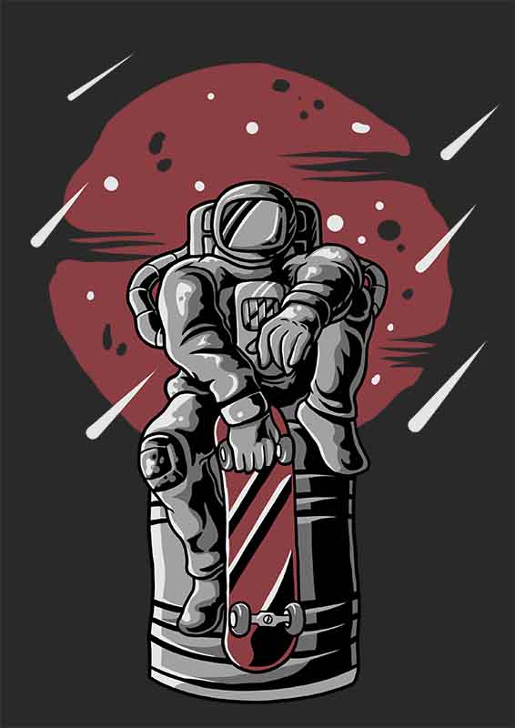 Grafika na koszulkę astronauta ze skateboardem na tle kosmosu