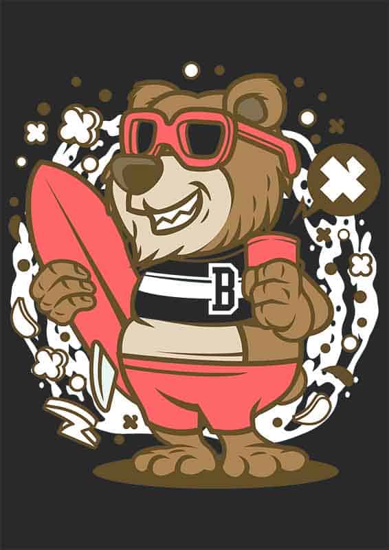 Grafika na koszulkę – Bear Surfer, niedźwiedź z deską surfingową