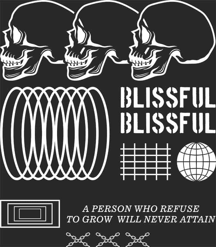 Grafika na koszulkę "Blissful" z czaszkami i abstrakcyjnymi wzorami