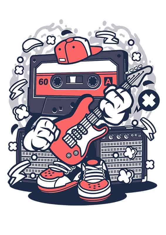 Grafika na koszulkę "Cassette Rock Star" – Stylowa kaseta magnetofonowa z gitarą elektryczną