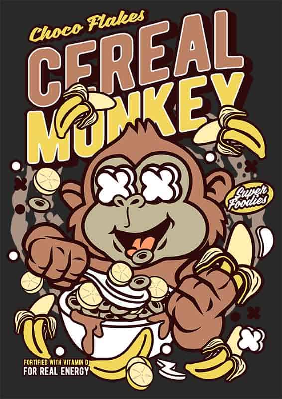Grafika na koszulkę - Cereal Monkey, banany, śniadaniowe płatki, design retro