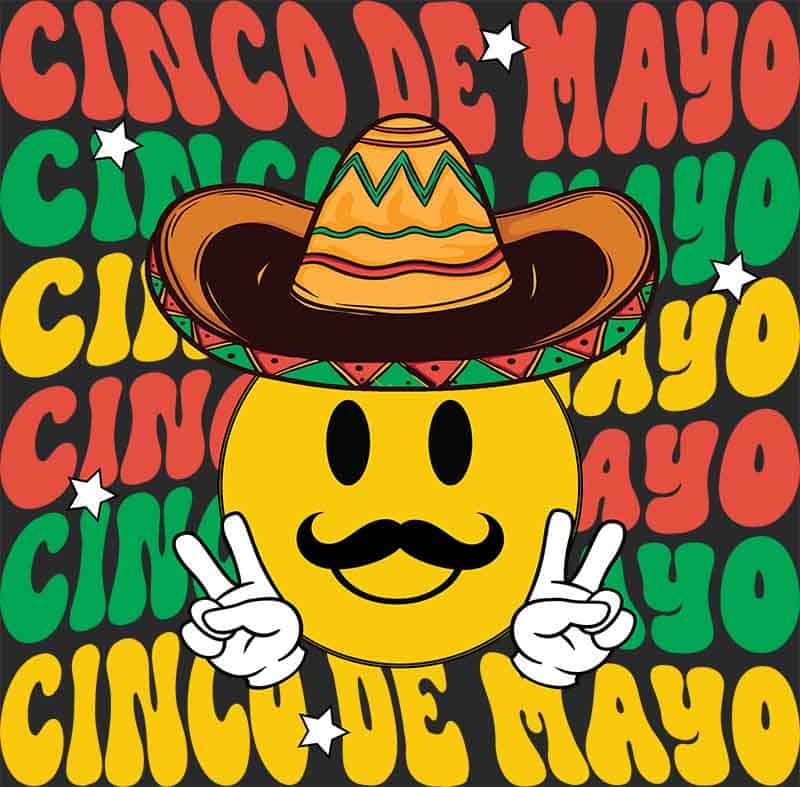 Grafika na koszulkę - Cinco de Mayo, wesoła buźka, sombrero, kolorowy design