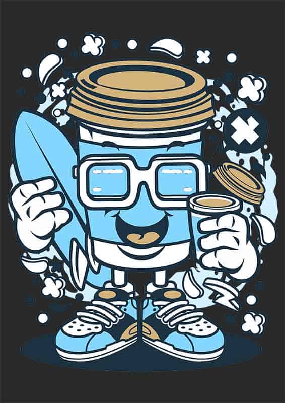 Grafika na koszulkę - Coffee Cup Surfer, kubek kawy, styl surferski