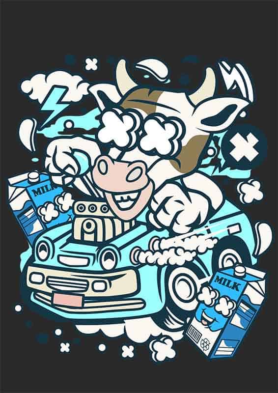 Grafika na koszulkę - Cow Hotrod, krowa za kierownicą, szybki styl