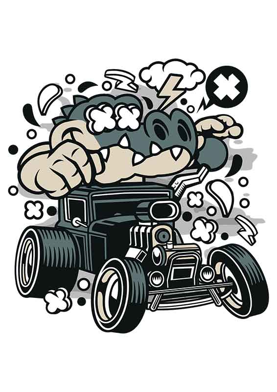 Grafika na koszulkę - Krokodyl Hotrod, dynamiczny motyw samochodowy