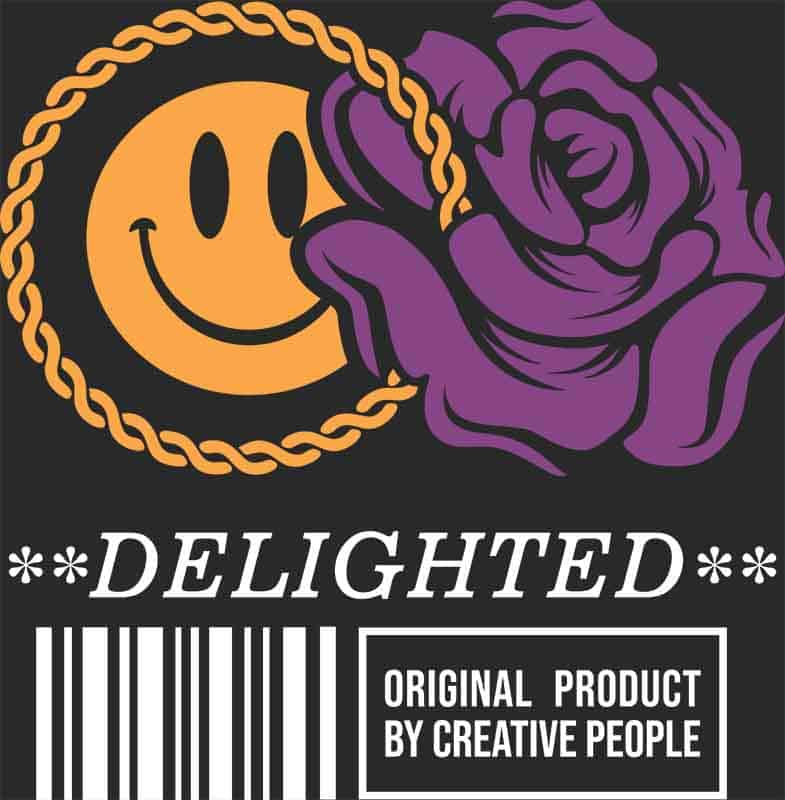 Grafika na koszulkę - Delighted, uśmiechnięta buźka i fioletowa róża