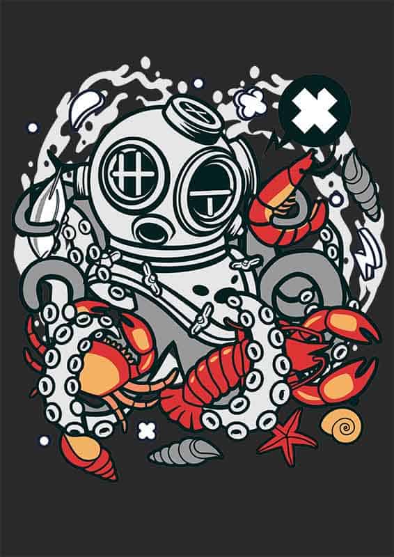 Grafika na koszulkę - Diver Octopus, Podwodna Przygoda