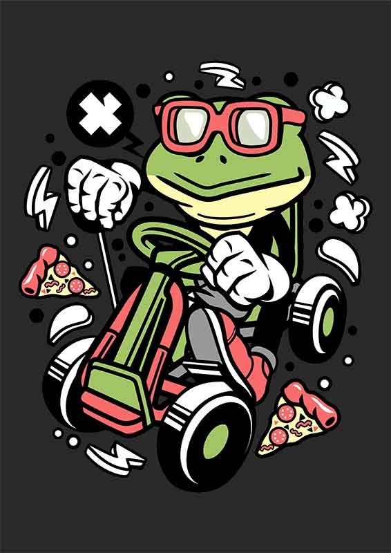 Grafika na koszulkę Frog Racer - Żaba na Gokarcie, Komiksowy Styl
