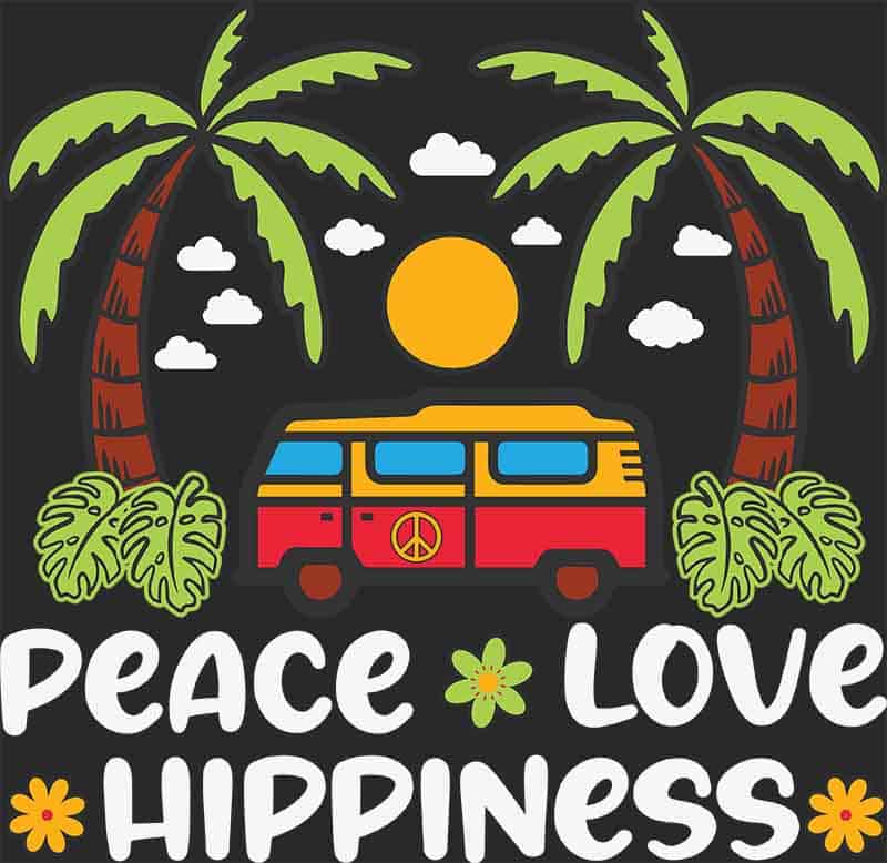 Grafika na koszulkę Peace Love Hippiness - Van, Palmy, Styl Hippie