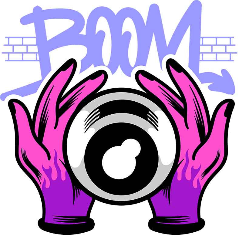 Zabawna grafika na koszulki z fioletowymi rękami i okiem 'BOOM!'